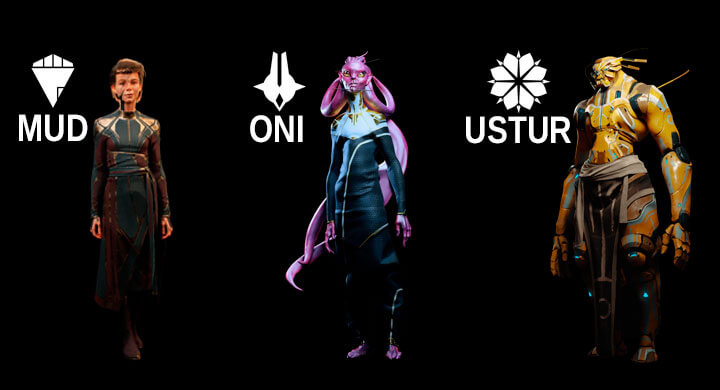 Imagem com as três facções: MUD (Humanos), ONI (Alienígenas) e USTUR (Androides).